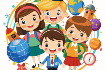 292600917 four happy children holding globes and other school supplies
